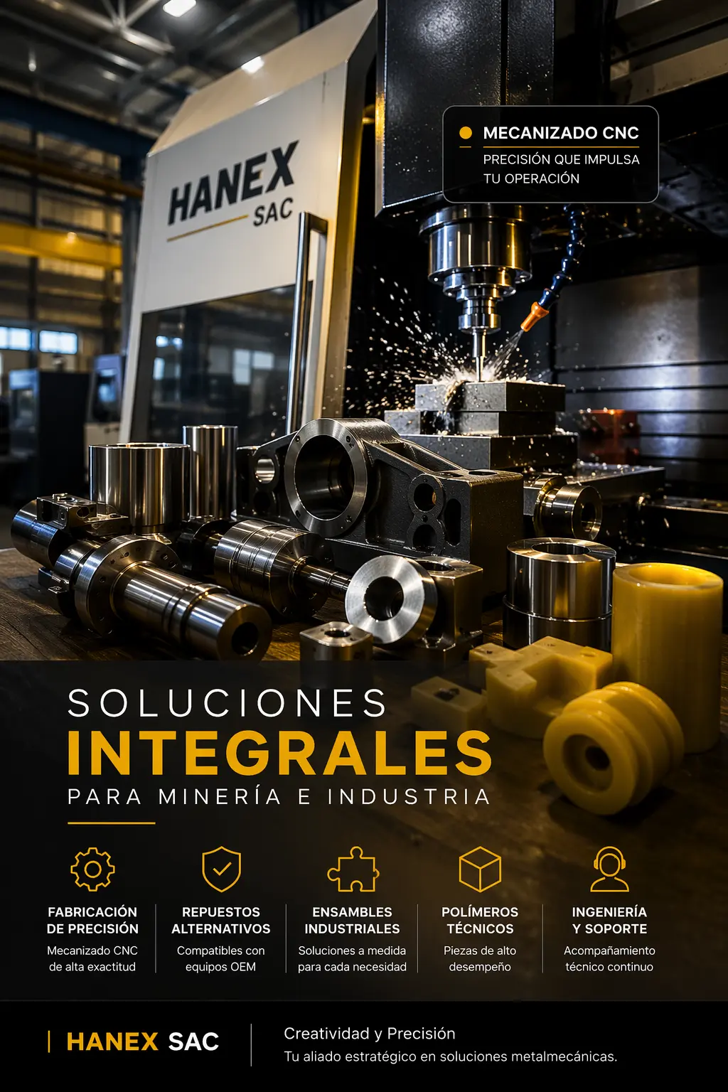 Conjunto integral de soluciones metalmecánicas HANEX SAC: mecanizado CNC, repuestos alternativos, ensambles industriales y polímeros técnicos